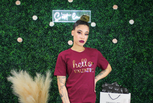 "Hello Valentino" Tee- Maroon